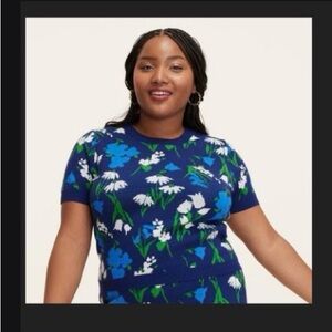 Target x Kate Spade Floral Knit Short Sleeve Top in Navy Blue & White